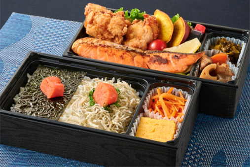 博多明太のり弁＆じゃこしそ明太ごはんと唐揚げ＆鳴海屋の焼き鮭二段御膳