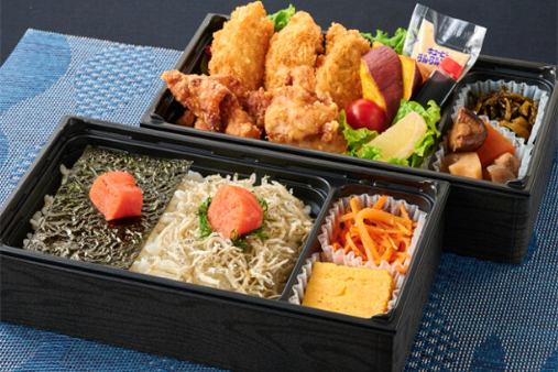 博多明太のり弁＆じゃこしそ明太ごはんと唐揚げとカキフライ二段御膳
